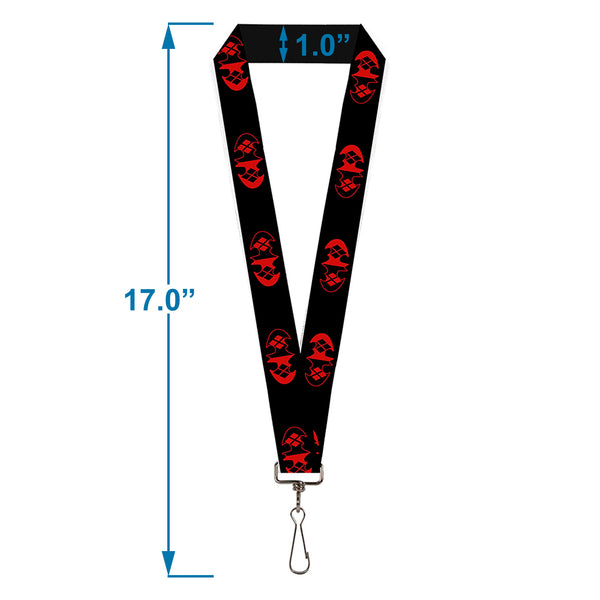 Buckle Down Lanyard - 1.0" - Bat Logo Harley Quinn Diamonds Black Red