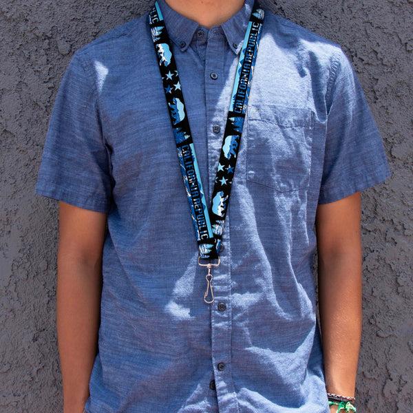 Buckle Down Lanyard - 1.0" - CALIFORNIA REPUBLIC Bear Stars Silhouette Black Scenic Mountains