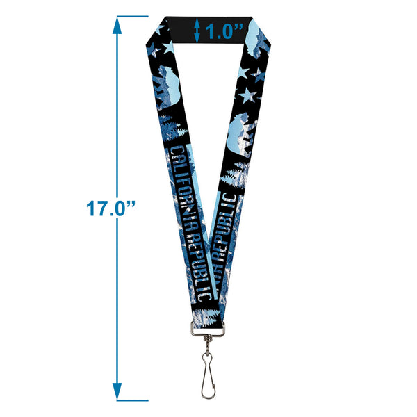 Buckle Down Lanyard - 1.0" - CALIFORNIA REPUBLIC Bear Stars Silhouette Black Scenic Mountains