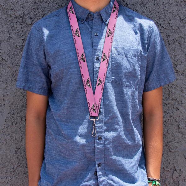 Buckle Down Lanyard - 1.0" - CORVETTE C5 Logo Repeat Pink Black Silvers