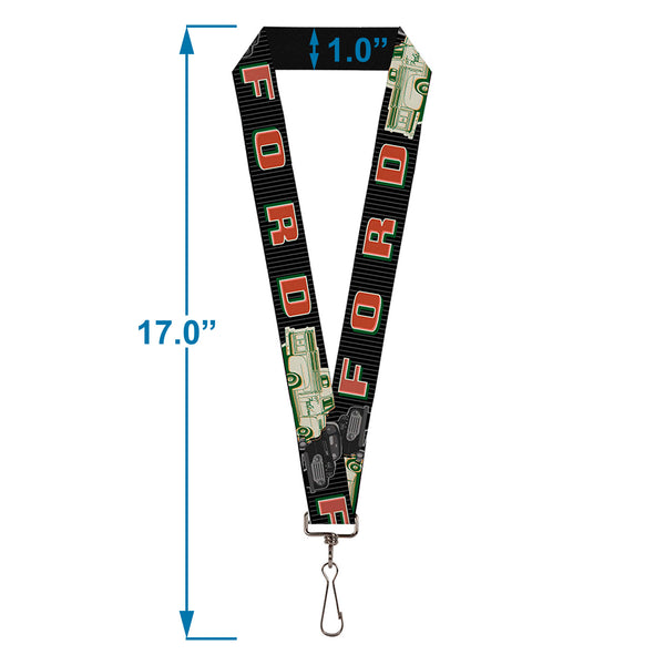Buckle Down Lanyard - 1.0" - FORD Classic Ford Trucks Vertical Stripe Black Grays Green Red