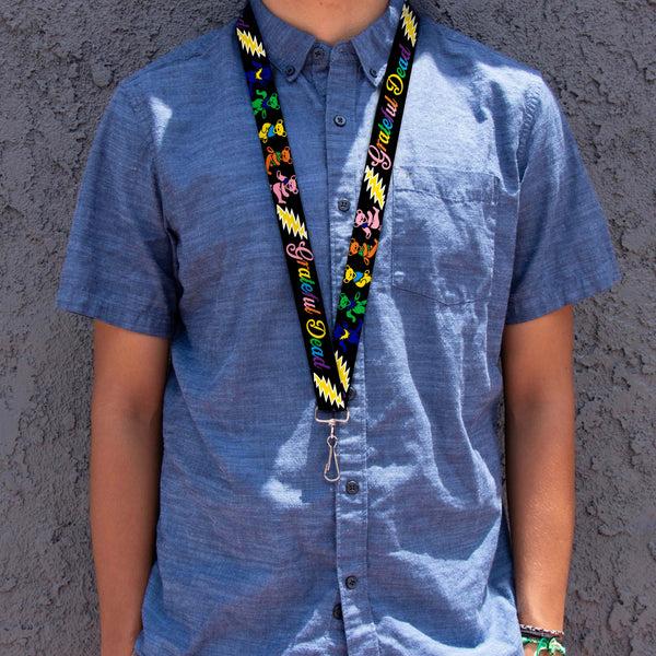Buckle Down Lanyard - 1.0" - Grateful Dead Script W Bears & Skeletons Black Multi Color