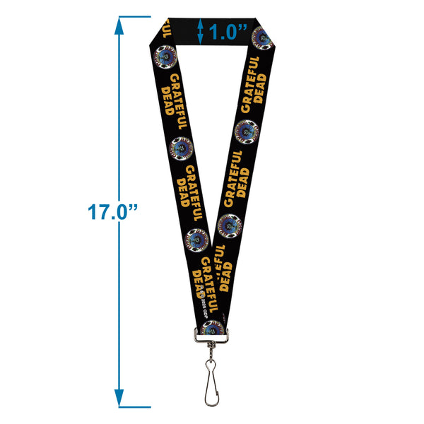Buckle Down Lanyard - 1.0" - GRATEFUL DEAD Text And Skull And Roses Round Logo Black/Yellow