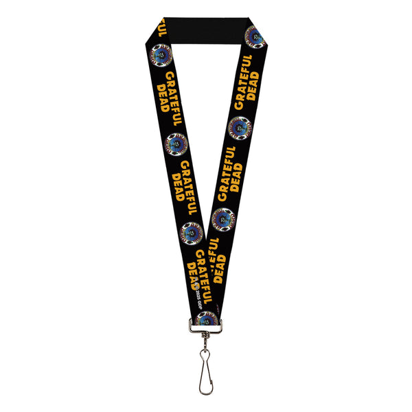 buckle down Lanyard - 1.0" - GRATEFUL DEAD Text and Skull and Roses Round Logo Black/Yellow