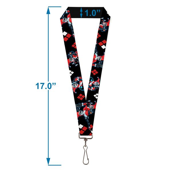 Buckle Down Lanyard - 1.0" - Harley Quinn Shooting Poses Diamonds Black Red White