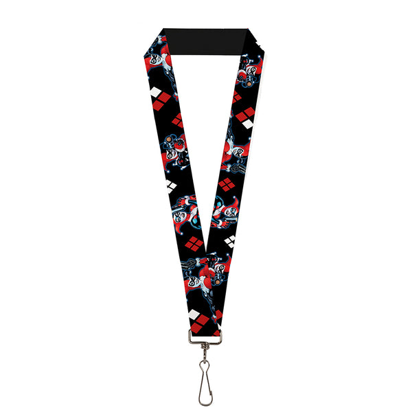 buckle down Lanyard - 1.0" - Harley Quinn Shooting Poses Diamonds Black Red White