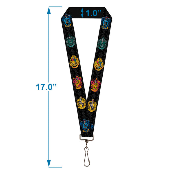 Buckle Down Lanyard - 1.0" - Hogwarts & 4-House Crests Filigree Black Gray