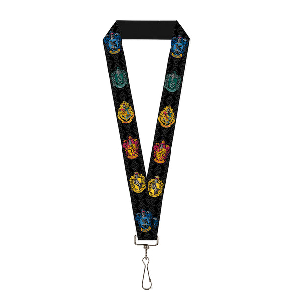 buckle down Lanyard - 1.0" - Hogwarts & 4-House Crests Filigree Black Gray