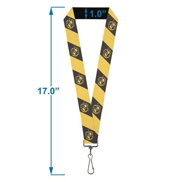 Buckle Down Lanyard - 1.0" - HUFFLEPUFF Crest Diagonal Stripe Charcoal Gray Yellow