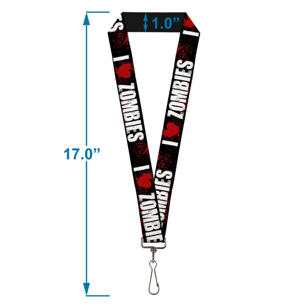 Buckle Down Lanyard - 1.0" - I "HEART" ZOMBIES Black White Red Splatter
