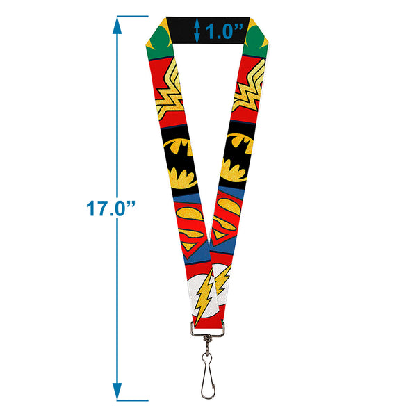 Buckle Down Lanyard - 1.0" - Justice League 5-Superhero Textured Logo CLOSE-UP Blocks