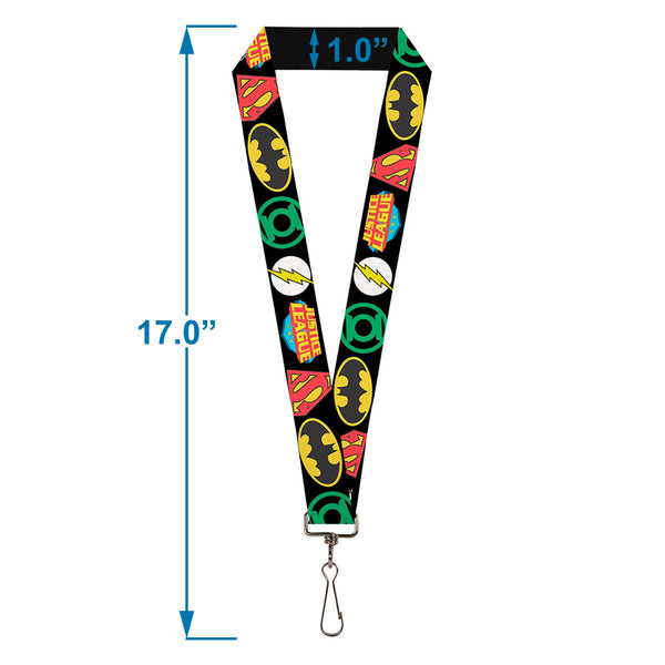 Buckle Down Lanyard - 1.0" - Justice League Superhero Logos CLOSE-UP Black