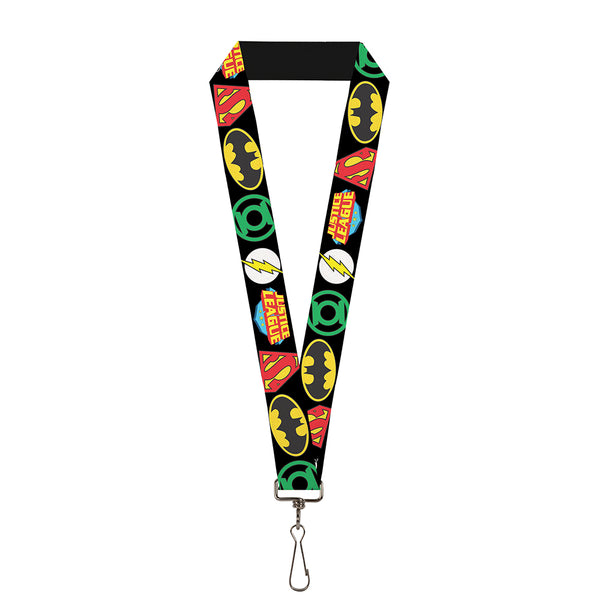 buckle down Lanyard - 1.0" - Justice League Superhero Logos CLOSE-UP Black