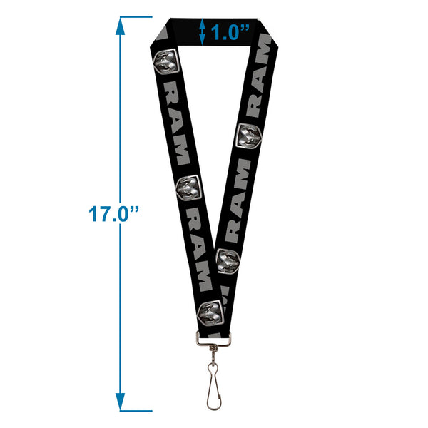 Buckle Down Lanyard - 1.0" - RAM Bold Text Rounded Ram Icon Black Gray Silvers