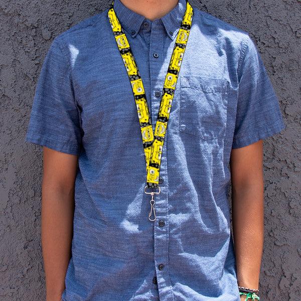 Buckle Down Lanyard - 1.0" - SpongeBob 4-CLOSE-UP Expressions/Crackle Black/Gray/Yellow