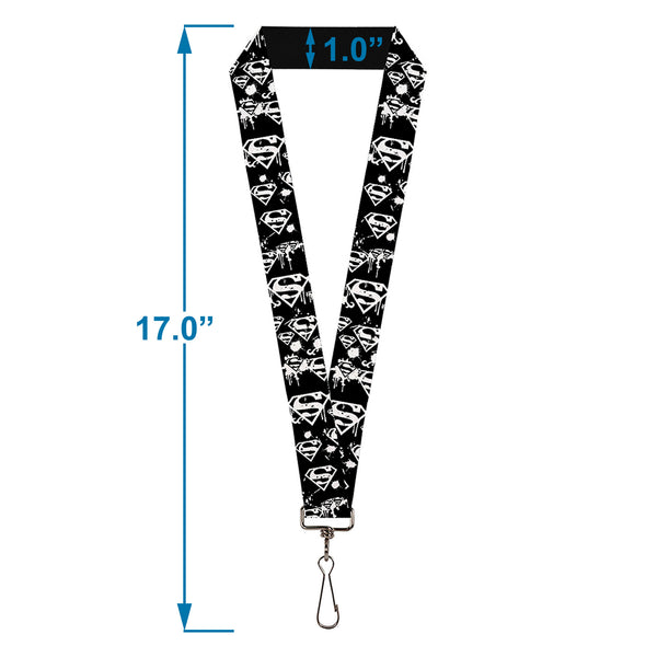 Buckle Down Lanyard - 1.0" - Superman Shield Splatter Black White