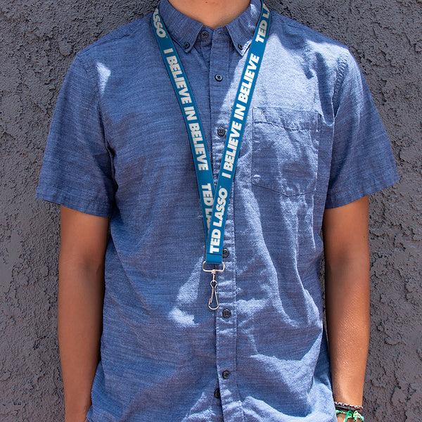 Buckle Down Lanyard - 1.0" - TED LASSO I BELIEVE IN BELIEVE Bold Text Blue White