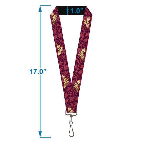 Buckle Down Lanyard - 1.0" - Wonder Woman Logo Floral Collage Purple Pinks Gold