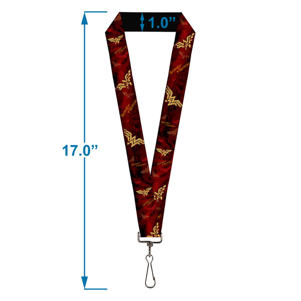 Buckle Down Lanyard - 1.0" - WONDER WOMAN Logo Text Scattered Rays Weathered Burgundy Gold