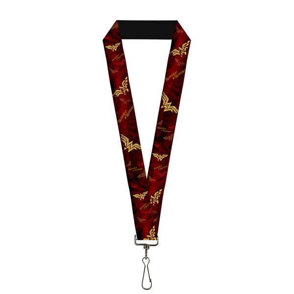 buckle down Lanyard - 1.0" - WONDER WOMAN Logo Text Scattered Rays Weathered Burgundy Gold