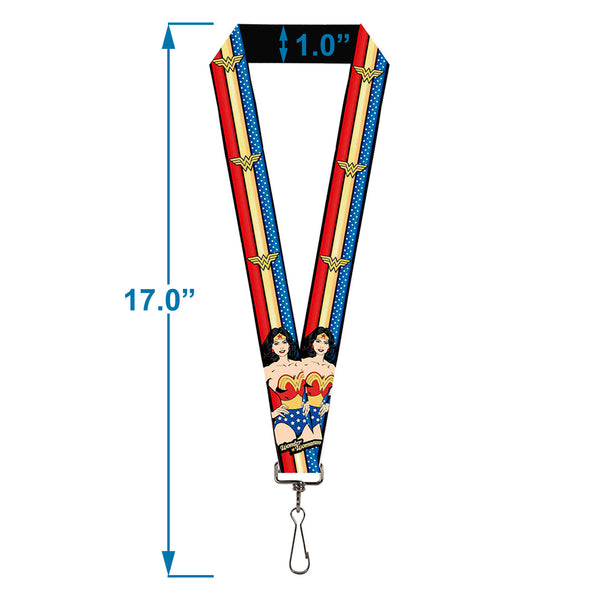 Buckle Down Lanyard - 1.0" - WONDER WOMAN Pose Logo Stripe Stars Red Gold Blue White