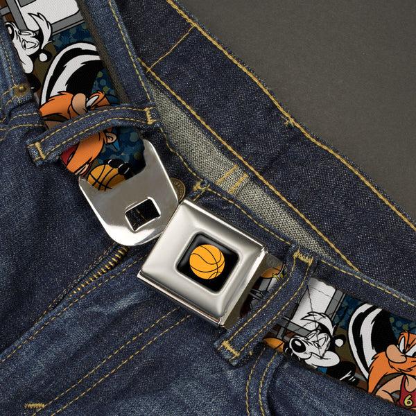 Buckle Down Looney Tunes Basketball Full Color Black Seatbelt Belt - Looney Tunes Basketball 11-Players/2-Referees Group Pose Blues Webbing
