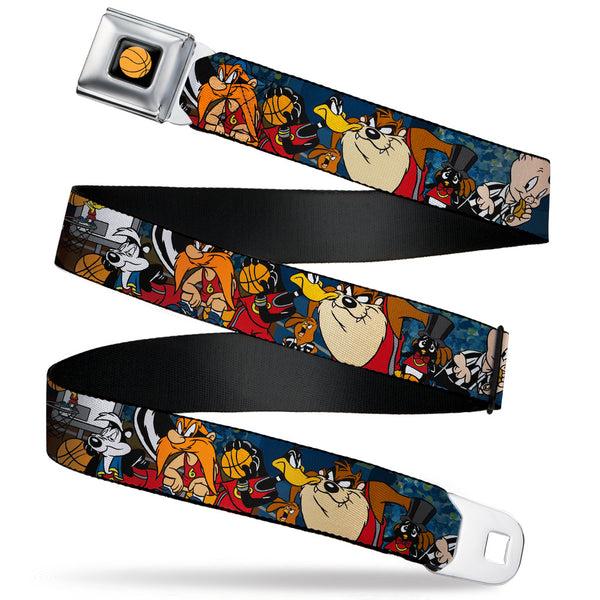 buckle down Looney Tunes Basketball Full Color Black Seatbelt Belt - Looney Tunes Basketball 11-Players/2-Referees Group Pose Blues Webbing