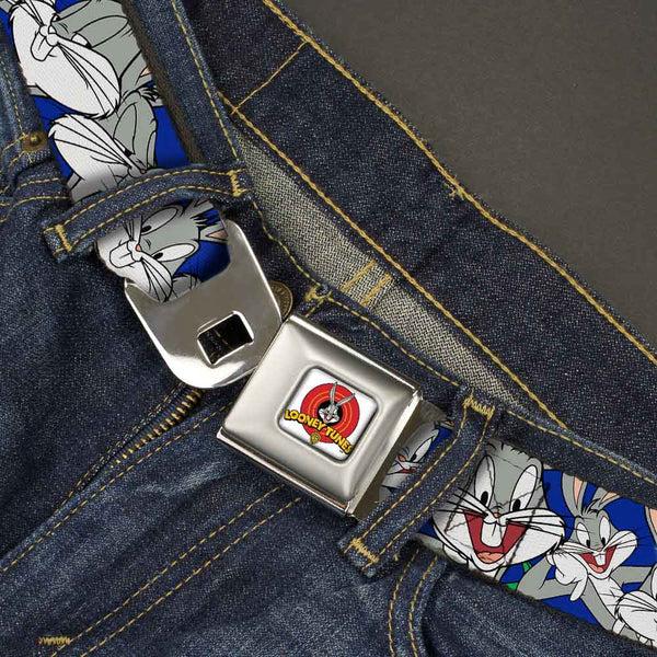Buckle Down Looney Tunes Logo Full Color White Seatbelt Belt - Bugs Bunny CLOSE-UP Poses Blue Webbing