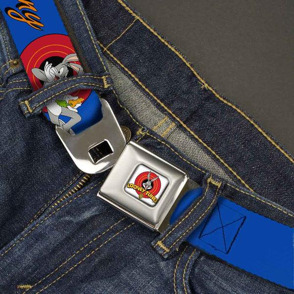 Buckle Down Looney Tunes Logo Full Color White Seatbelt Belt - BUGS BUNNY W/Bugs Poses Blue Webbing