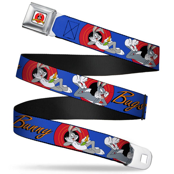 buckle down Looney Tunes Logo Full Color White Seatbelt Belt - BUGS BUNNY w/Bugs Poses Blue Webbing