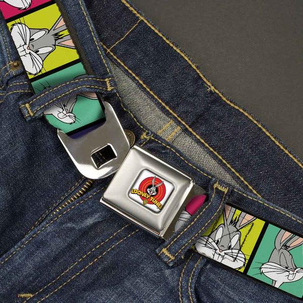 Buckle Down Looney Tunes Logo Full Color White Seatbelt Belt - Bugs Bunny Expression Blocks Multi Color Webbing