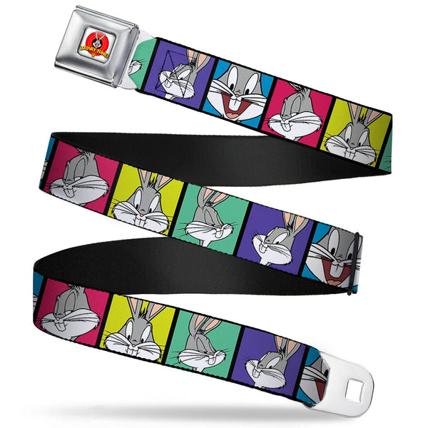 buckle down Looney Tunes Logo Full Color White Seatbelt Belt - Bugs Bunny Expression Blocks Multi Color Webbing