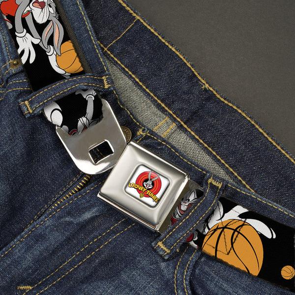 Buckle Down Looney Tunes Logo Full Color White Seatbelt Belt - Bugs Bunny 4-Basketball Poses Black Webbing