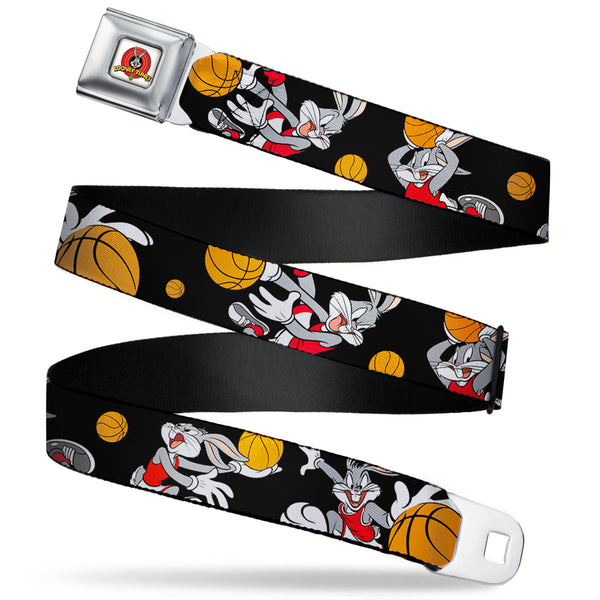 buckle down Looney Tunes Logo Full Color White Seatbelt Belt - Bugs Bunny 4-Basketball Poses Black Webbing