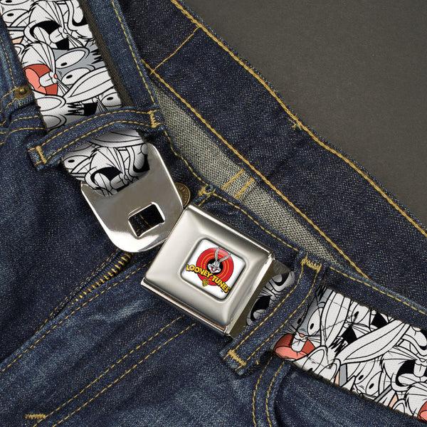 Buckle Down Looney Tunes Logo Full Color White Seatbelt Belt - Bugs Bunny Expressions Stacked White/Black/Gray Webbing