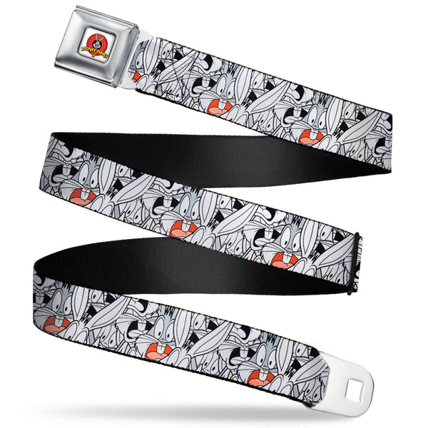 buckle down Looney Tunes Logo Full Color White Seatbelt Belt - Bugs Bunny Expressions Stacked White/Black/Gray Webbing