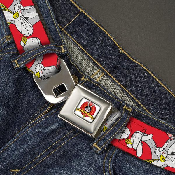 Buckle Down Looney Tunes Logo Full Color White Seatbelt Belt - Bugs Bunny Hip Hop Pose Red Webbing