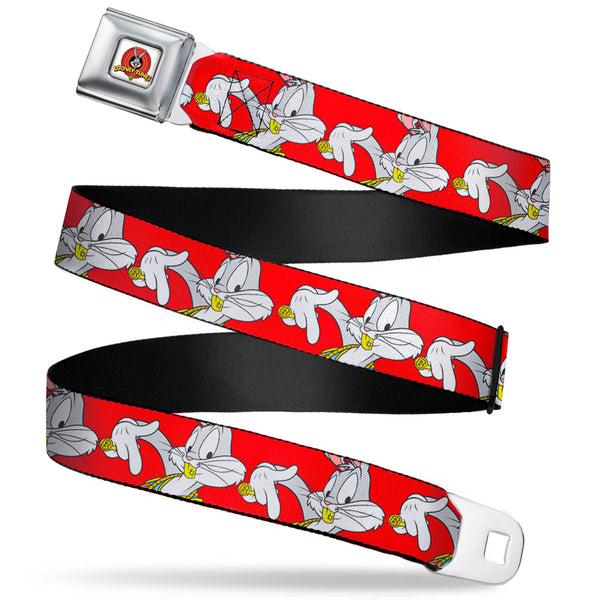 buckle down Looney Tunes Logo Full Color White Seatbelt Belt - Bugs Bunny Hip Hop Pose Red Webbing