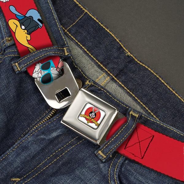 Buckle Down Looney Tunes Logo Full Color White Seatbelt Belt - Bugs Bunny & Daffy Duck Hip Hop Expression Red Webbing