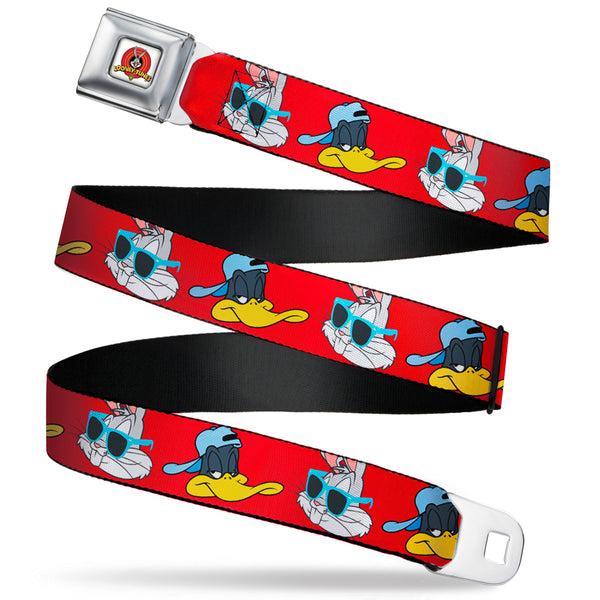 buckle down Looney Tunes Logo Full Color White Seatbelt Belt - Bugs Bunny & Daffy Duck Hip Hop Expression Red Webbing