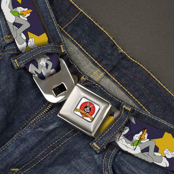 Buckle Down Looney Tunes Logo Full Color White Seatbelt Belt - Bugs Bunny Poses/Stars Navy Webbing