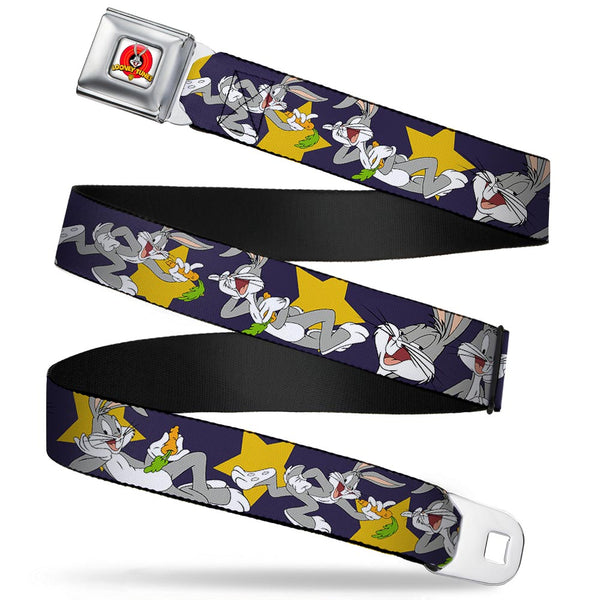 buckle down Looney Tunes Logo Full Color White Seatbelt Belt - Bugs Bunny Poses/Stars Navy Webbing