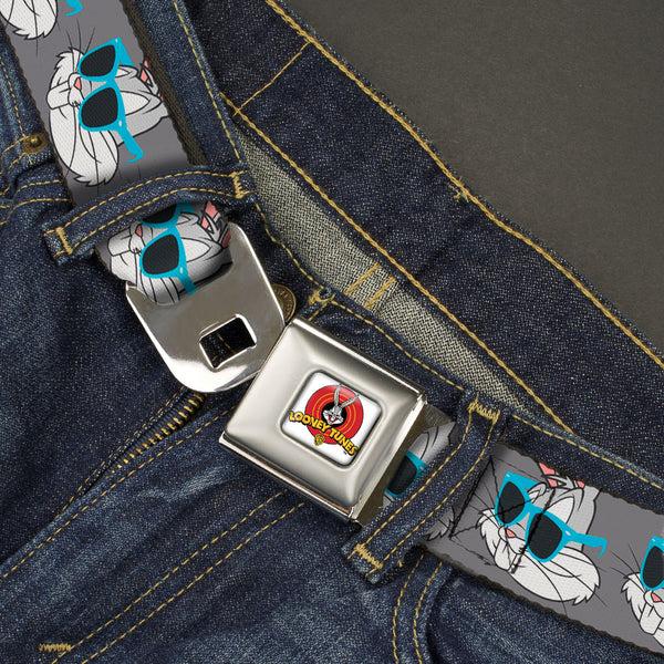 Buckle Down Looney Tunes Logo Full Color White Seatbelt Belt - Bugs Bunny Sunglasses Expression Gray Webbing