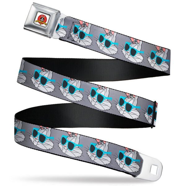 buckle down Looney Tunes Logo Full Color White Seatbelt Belt - Bugs Bunny Sunglasses Expression Gray Webbing
