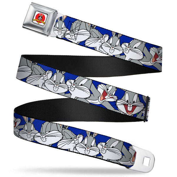 buckle down Looney Tunes Logo Full Color White Seatbelt Belt - Bugs Bunny CLOSE-UP Poses Blue Webbing