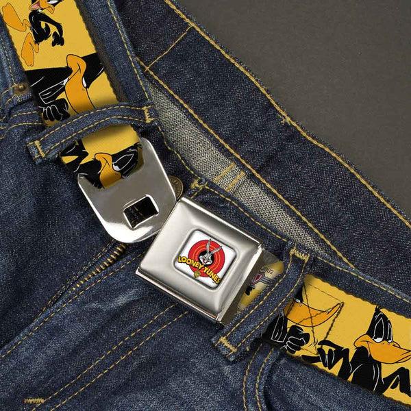 Buckle Down Looney Tunes Logo Full Color White Seatbelt Belt - DAFFY DUCK W/Poses Yellow/Black Webbing