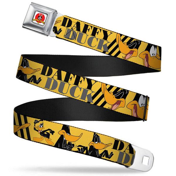 buckle down Looney Tunes Logo Full Color White Seatbelt Belt - DAFFY DUCK w/Poses Yellow/Black Webbing