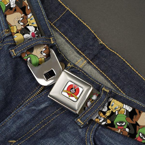 Buckle Down Looney Tunes Logo Full Color White Seatbelt Belt - Looney Tunes 6-Character Stacked Collage4 Webbing