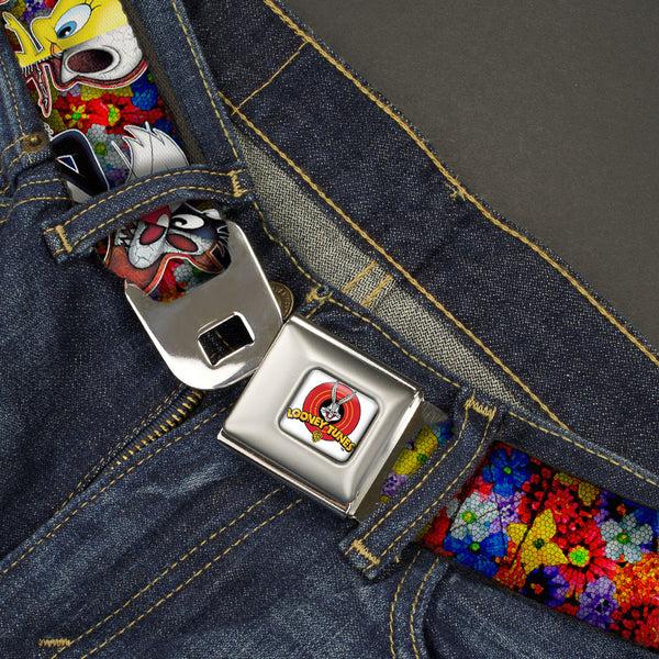 Buckle Down Looney Tunes Logo Full Color White Seatbelt Belt - Looney Tunes 6-Anatomy Character Poses Black Webbing