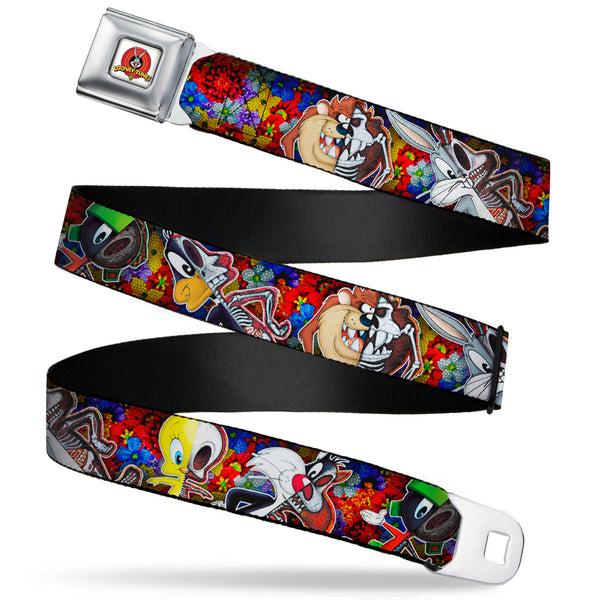 buckle down Looney Tunes Logo Full Color White Seatbelt Belt - Looney Tunes 6-Anatomy Character Poses Black Webbing